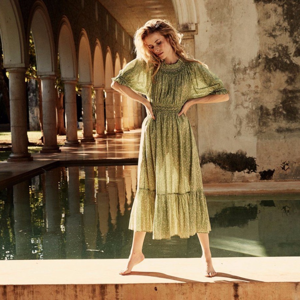 Doen Isadore Midi Dress belted ruched floral-print organic cotton Sz M